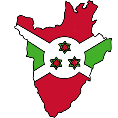 The shape of the country Burundi, colored in with the flag of Burundi. The flag of Burundi has a white with a white circle in the centre. the left and right flag quadrants are green, and the top and bottom quadrants are red. on the circle are three six-pointed red stars with green outlines.